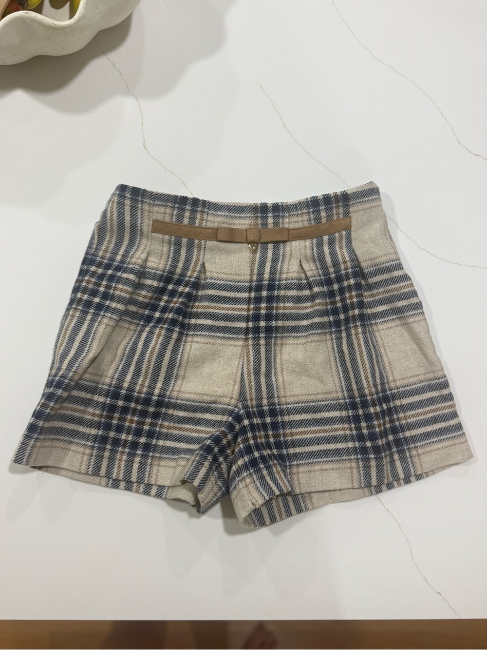 Mayoral Girls Plaid High Waisted Wool Blend Shorts w/Suede Belt EUC